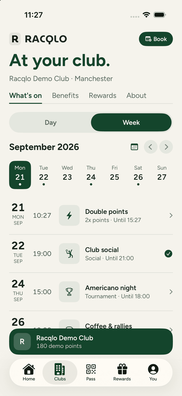 The Racqlo app showing a club's week: a double points window, a club social, an Americano night and a coffee morning